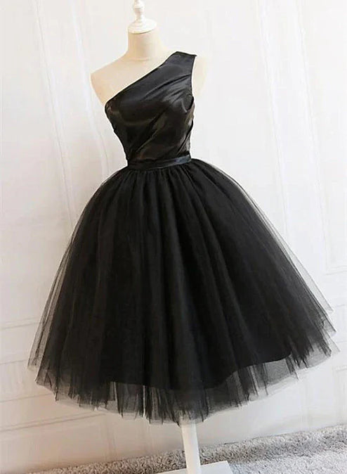 Luolandi Black Tulle One Shoulder Elegant Tea Length Party Dress Formal Dress Homecoming Dress
